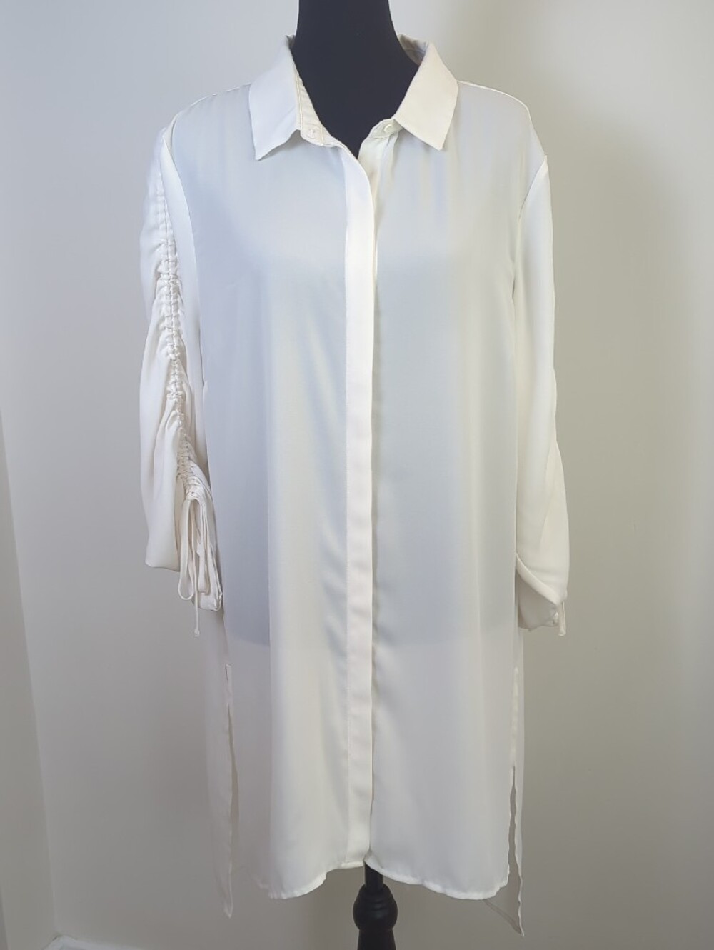 Bar III Cream Ruched Sleeve Button Down Long Tunic Blouse XXL